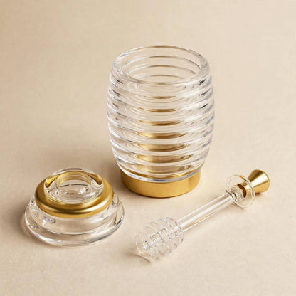 Luxury Gold Trim Acrylic Beehive Honey Jar with Integrated Dipper – 15x7.5cm