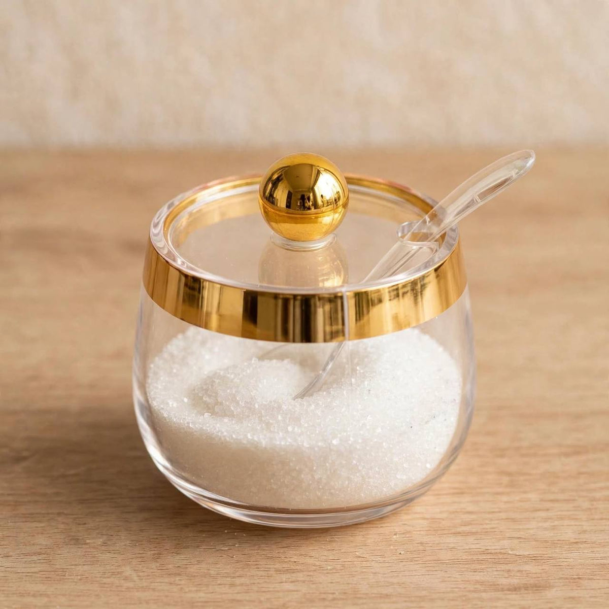 Modern Clear Acrylic Sugar Pot with Wide Gold Rim, Sphere Lid & Spoon – 9x7cm