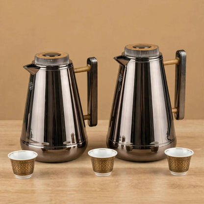 Al Saif Chrome & Wood Thermal Dallah Set (2-Piece, 1L & 0.75L)