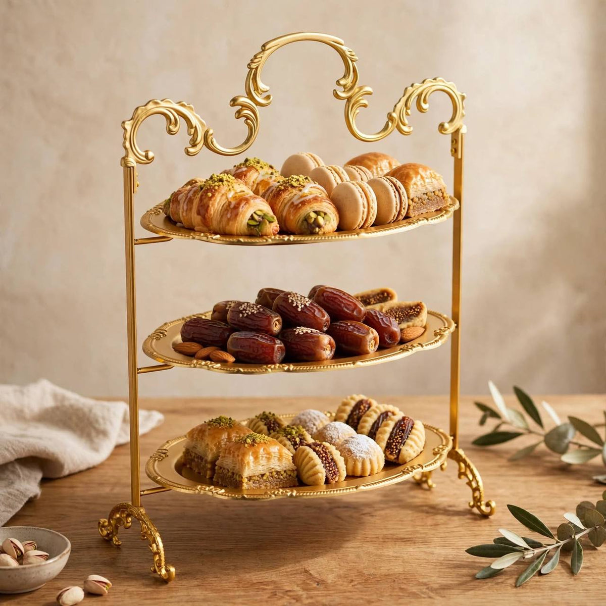 Royal Gold 3-Tier Oval Candy & Sweets Display Stand with Ornate Rims