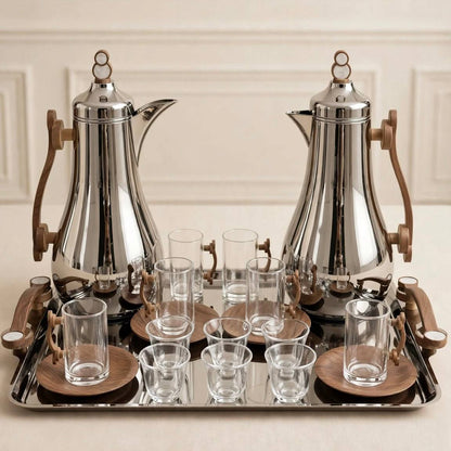 Modern Chrome & Wood Tea & Coffee Hospitality Set – 1.0L & 1.0L Thermal Carafes with 6 Wood-Handled Tea Glasses, Wooden Saucers, Cawa Cups & Mirrored Tray