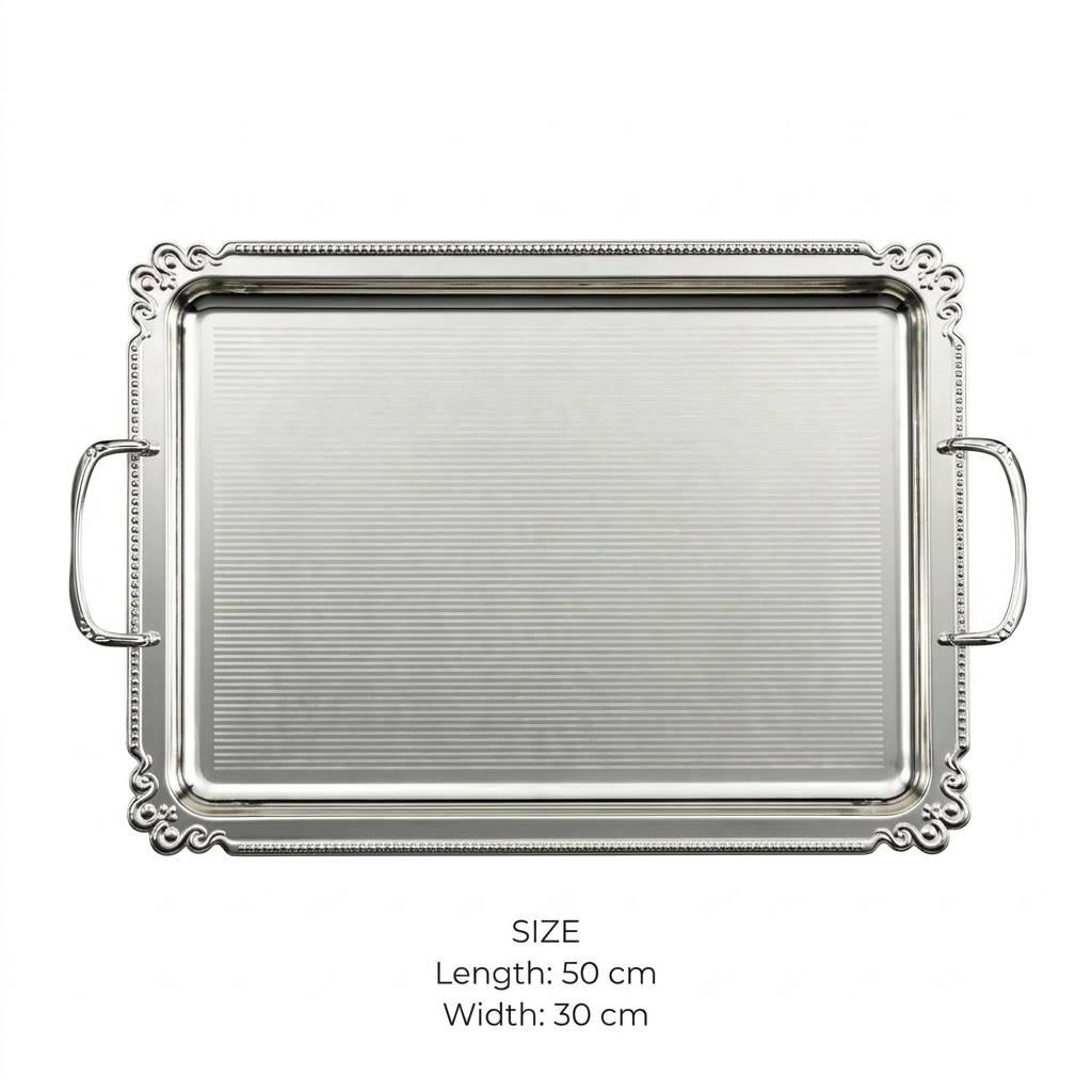 Royal Fluted Stainless Steel Serving Platter with Baroque Border & Classic Handles – 50 × 30 cm