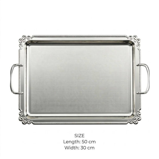 Royal Fluted Stainless Steel Serving Platter with Baroque Border & Classic Handles – 50 × 30 cm