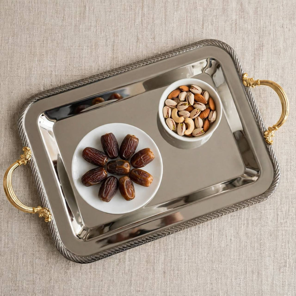 Royal Dual-Tone Stainless Steel Serving Tray with Braided Rope Rim & Gilded Baroque Handles