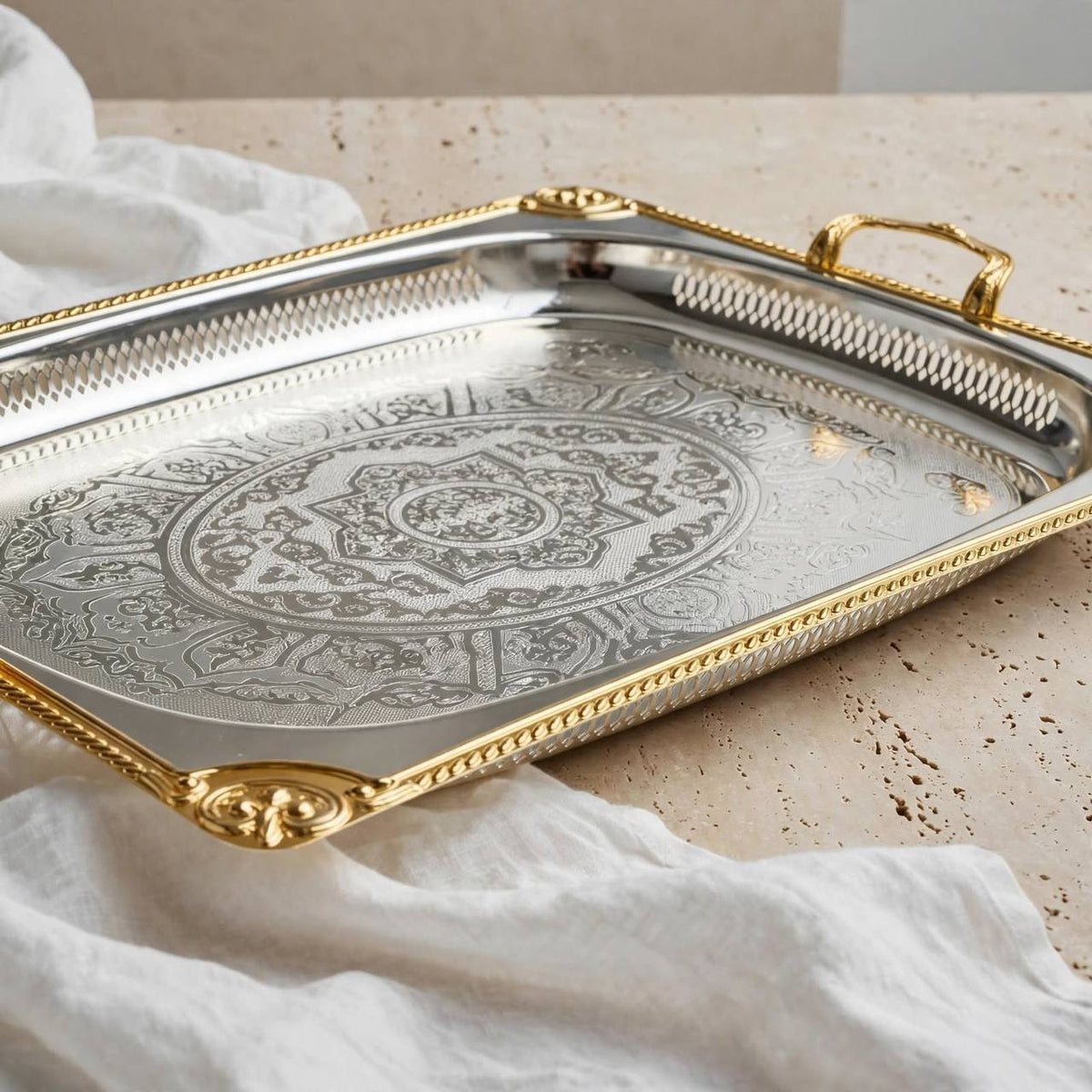 Grand Royal Dual-Tone Baroque Stainless Steel Serving Platter with Arabesque Etching, Pierced Gallery & Gilded Accents – 66 × 47 cm