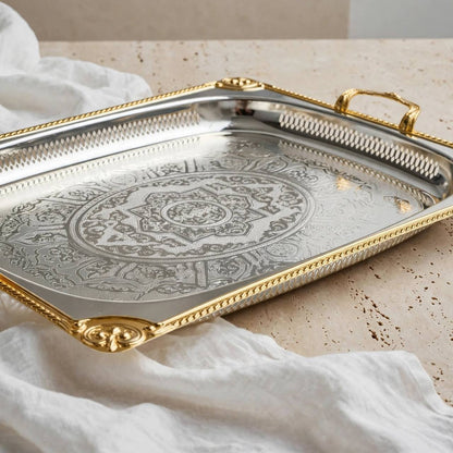 Grand Royal Dual-Tone Baroque Stainless Steel Serving Platter with Arabesque Etching, Pierced Gallery & Gilded Accents – 66 × 47 cm