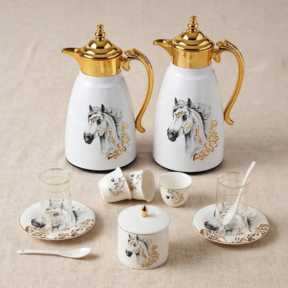 Royal Arabian Stallion 27-Piece Tea & Coffee Hospitality Set with Gilded Accents & Dual Thermal Carafes