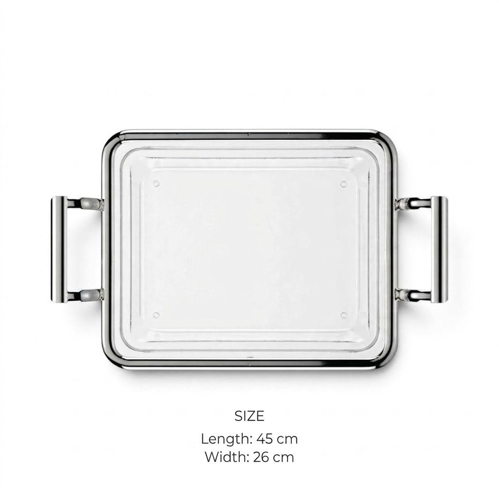 Modern Minimalist Clear Acrylic Serving Platter with Chrome Rim & Angular Metal Handles – 45 × 26 cm
