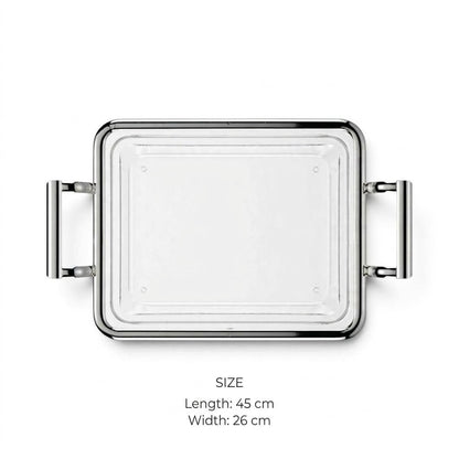 Modern Minimalist Clear Acrylic Serving Platter with Chrome Rim & Angular Metal Handles – 45 × 26 cm