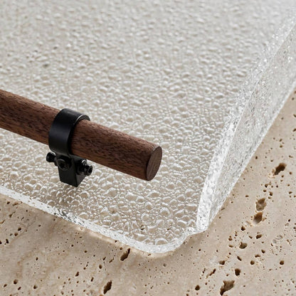 Modern Frosted Textured Acrylic Serving Platter with Cylindrical Dark Wood Handles – 48 × 30 cm - Mawaeen
