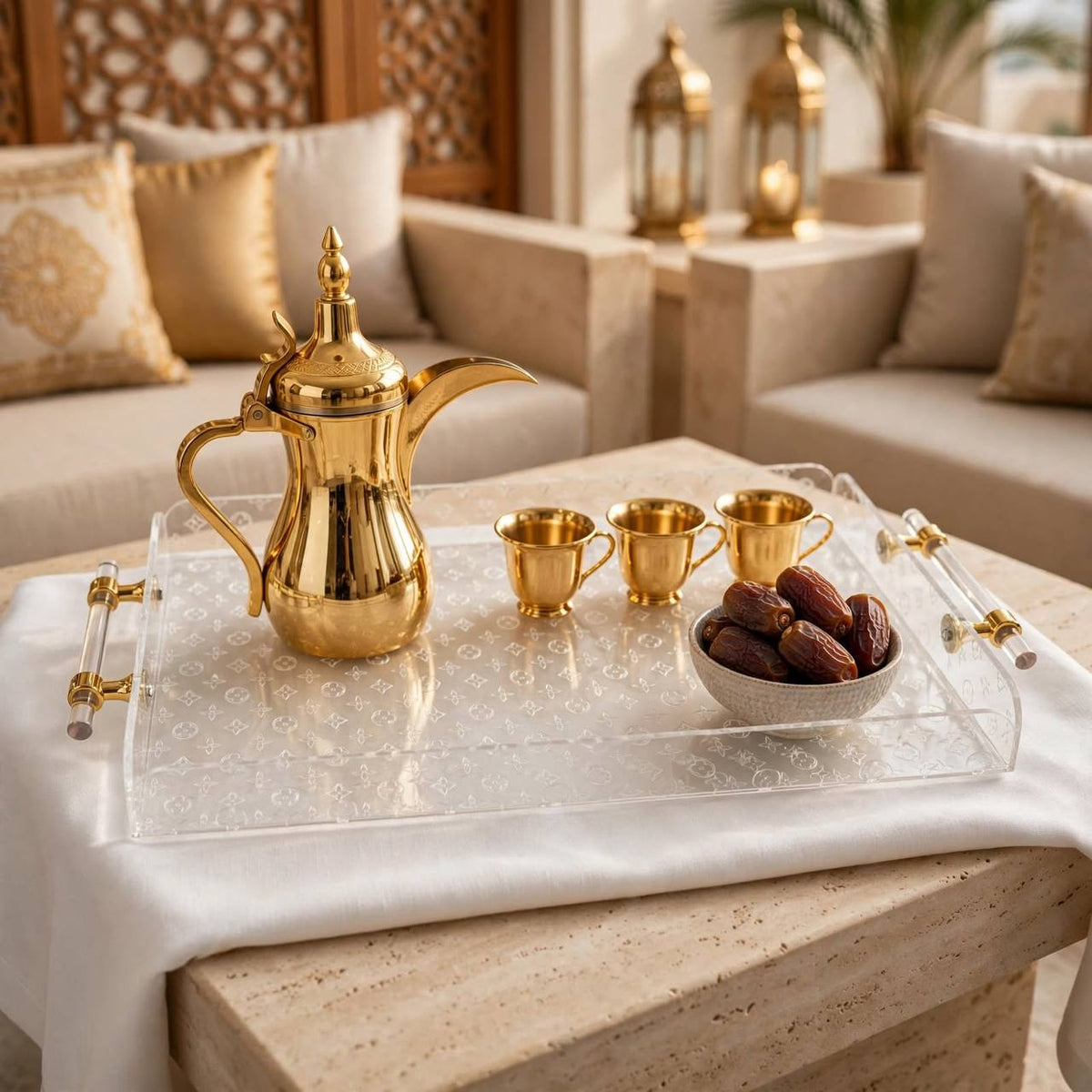 Luxury Monogram Pattern Clear Acrylic Serving Platter with Cylindrical Handles & Polished Gold Hardware – 52 × 27 cm