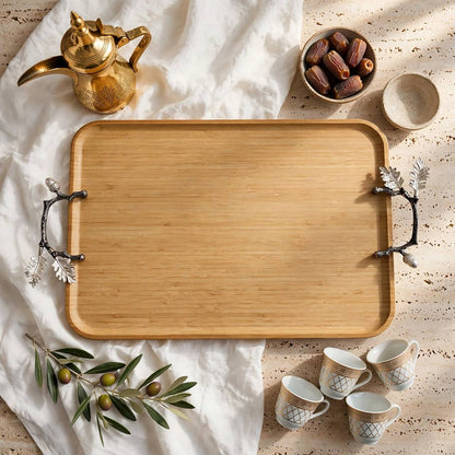 Natural Wood Rectangular Serving Platter with Silver Oak Leaf Branch Handles – 57 × 37 cm