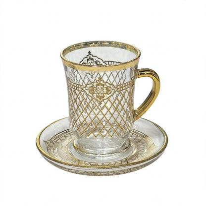 Glass Tea Cups & Saucers 12 Pcs Set Gold Pattern