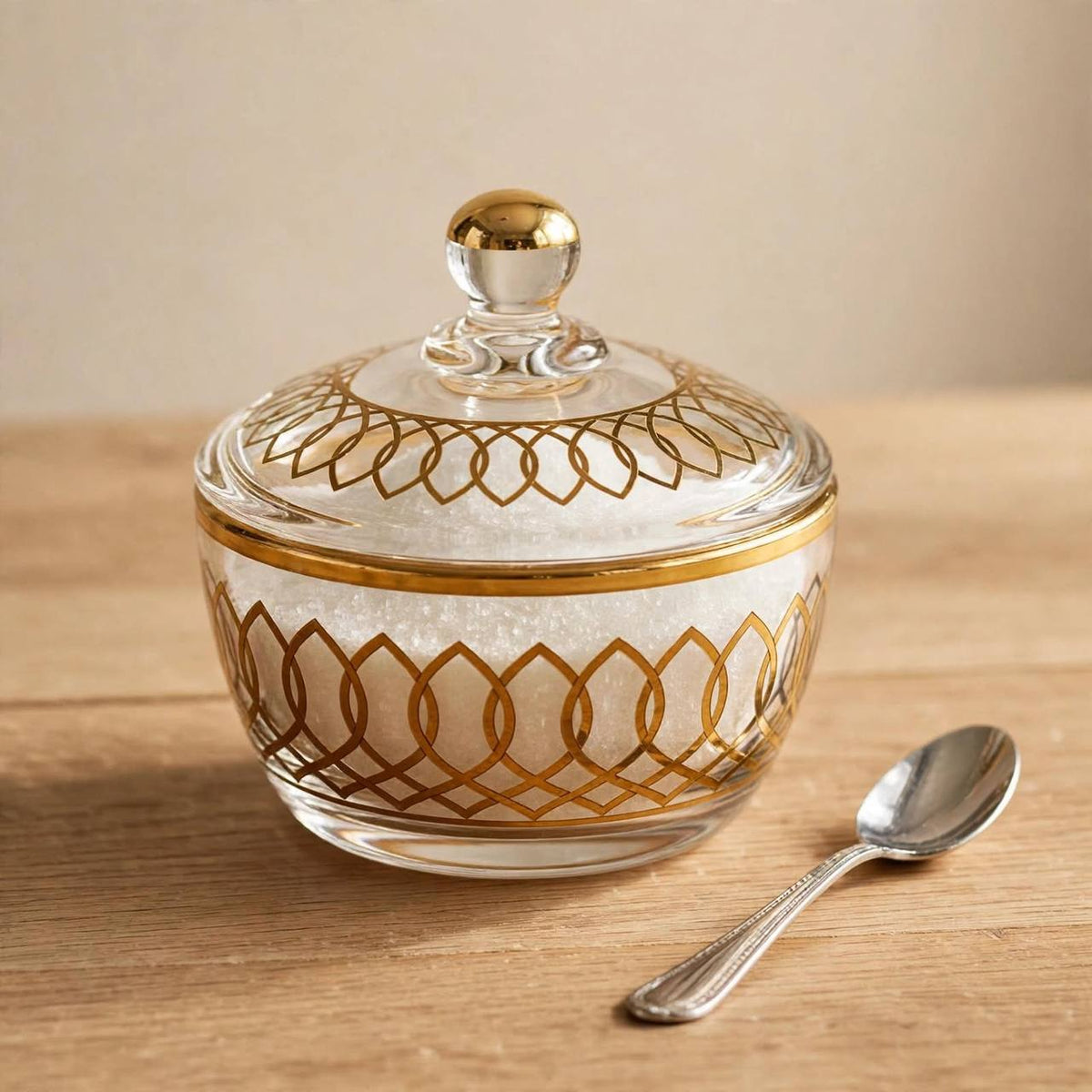 Luxury Gold Patterned Glass Sugar Bowl with Lid – 10x9cm