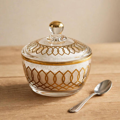 Luxury Gold Patterned Glass Sugar Bowl with Lid – 10x9cm