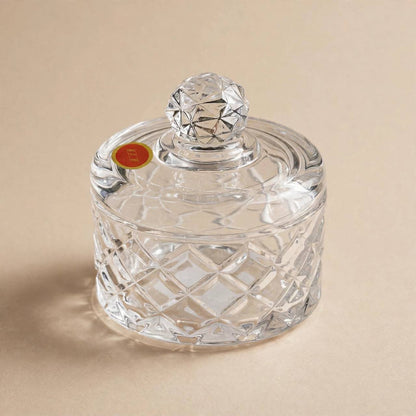 Prismatic Geometric Cut Crystal Glass Sugar Bowl with Lid – 10x8cm