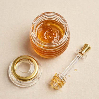 Luxury Gold Trim Acrylic Beehive Honey Jar with Integrated Dipper – 15x7.5cm