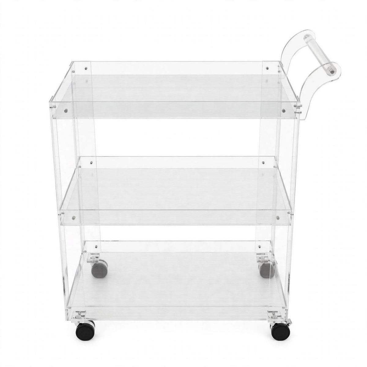 3-Tier Transparent Clear Acrylic Serving Trolley with Ribbed Shelves and Silver Hardware