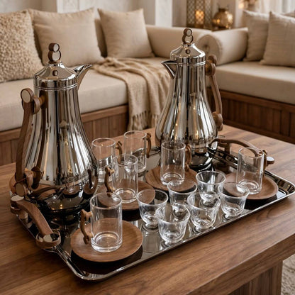 Modern Chrome & Wood Tea & Coffee Hospitality Set – 1.0L & 1.0L Thermal Carafes with 6 Wood-Handled Tea Glasses, Wooden Saucers, Cawa Cups & Mirrored Tray
