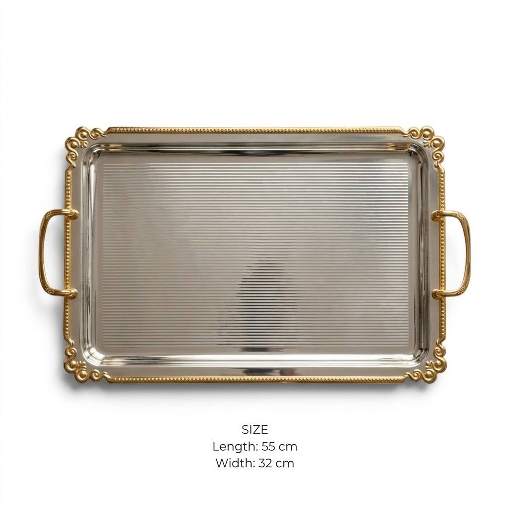 Royal Fluted Stainless Steel Serving Tray with Gilded Baroque Rim & Handles – 55 × 32 cm