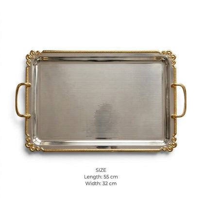 Royal Fluted Stainless Steel Serving Tray with Gilded Baroque Rim & Handles – 55 × 32 cm
