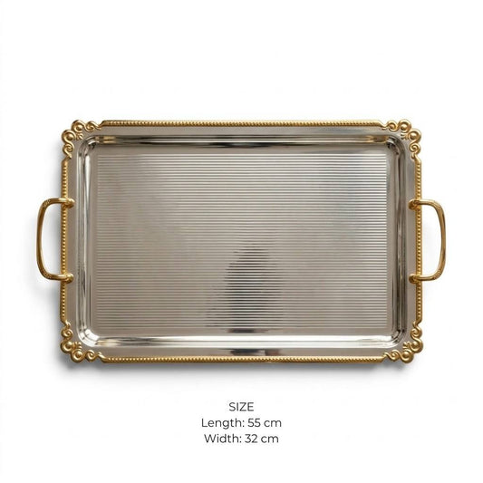 Royal Fluted Stainless Steel Serving Tray with Gilded Baroque Rim & Handles – 55 × 32 cm