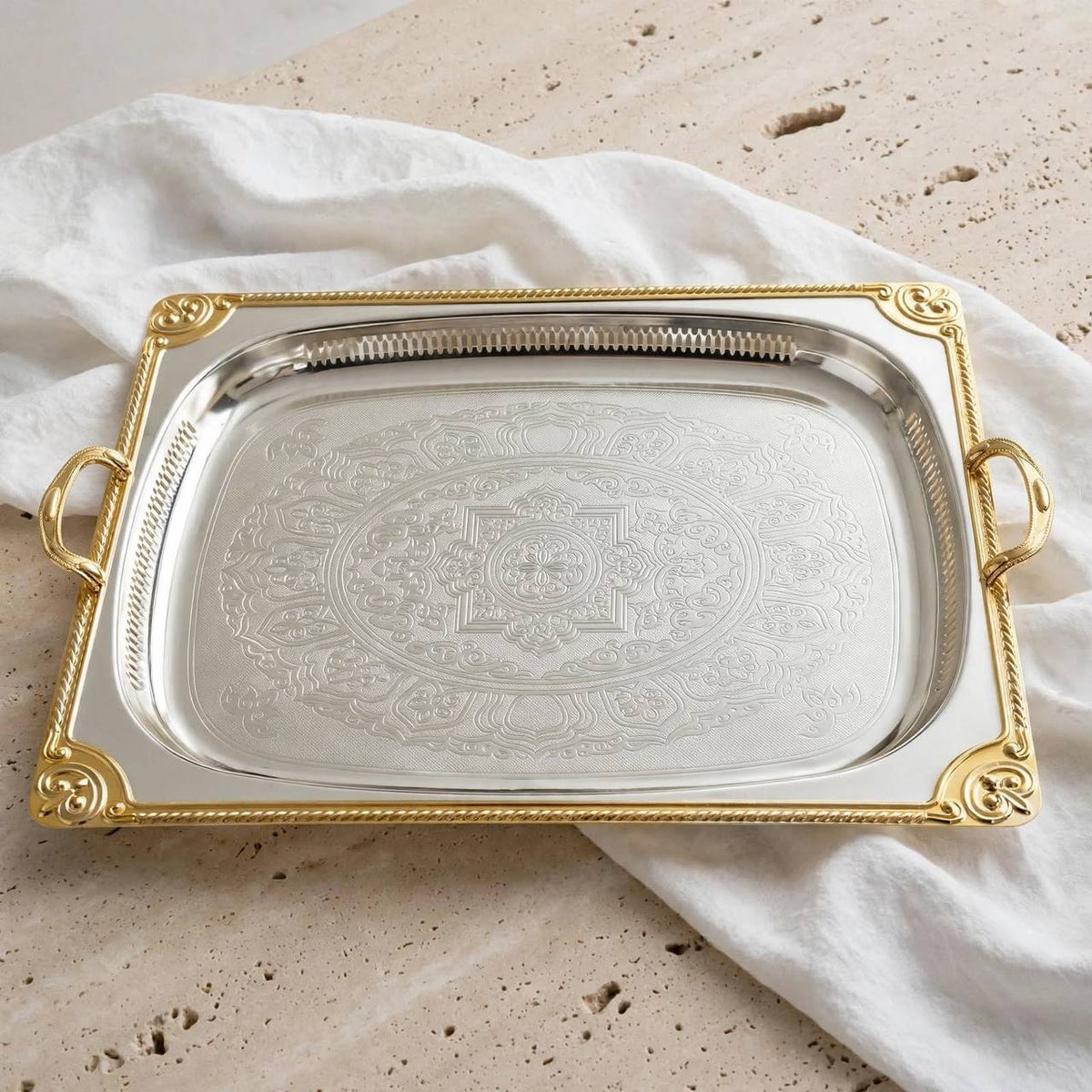 Grand Royal Dual-Tone Baroque Stainless Steel Serving Platter with Arabesque Etching, Pierced Gallery & Gilded Accents – 66 × 47 cm