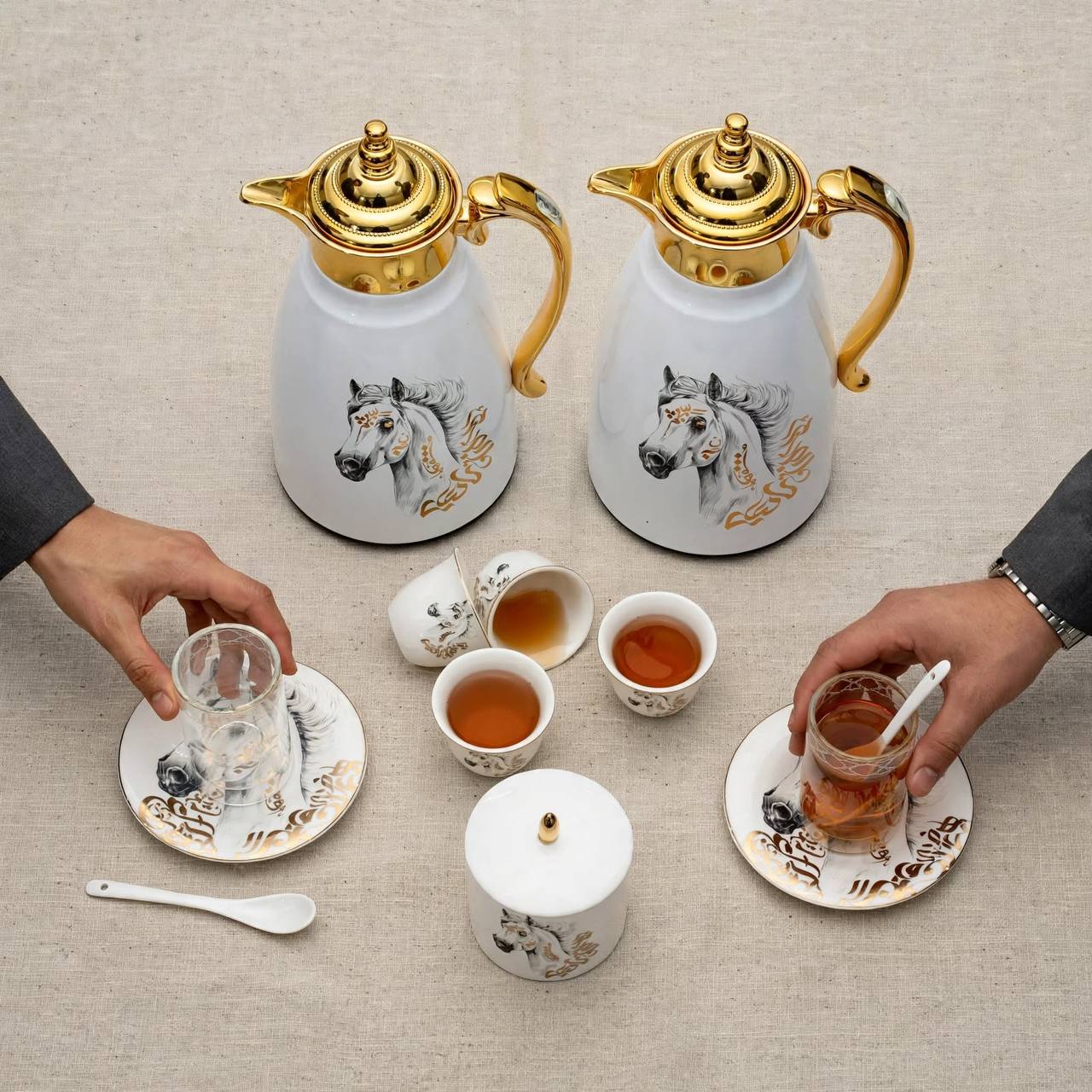 Royal Arabian Stallion 27-Piece Tea & Coffee Hospitality Set with Gilded Accents & Dual Thermal Carafes