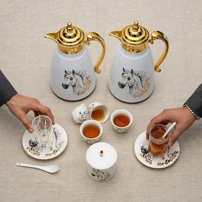 Royal Arabian Stallion 27-Piece Tea & Coffee Hospitality Set with Gilded Accents & Dual Thermal Carafes