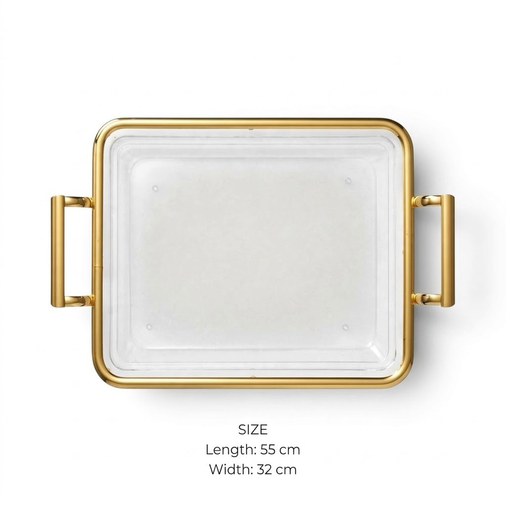 Luxury Minimalist Clear Acrylic Serving Platter with Gilded Frame & Rectangular Metal Handles – 55 × 32 cm