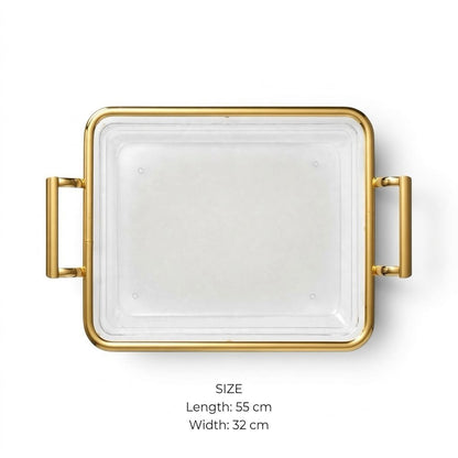 Luxury Minimalist Clear Acrylic Serving Platter with Gilded Frame & Rectangular Metal Handles – 55 × 32 cm