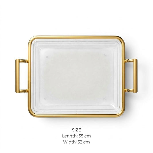 Luxury Minimalist Clear Acrylic Serving Platter with Gilded Frame & Rectangular Metal Handles – 55 × 32 cm