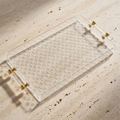Luxury Monogram Pattern Clear Acrylic Serving Platter with Cylindrical Handles & Polished Gold Hardware – 52 × 27 cm