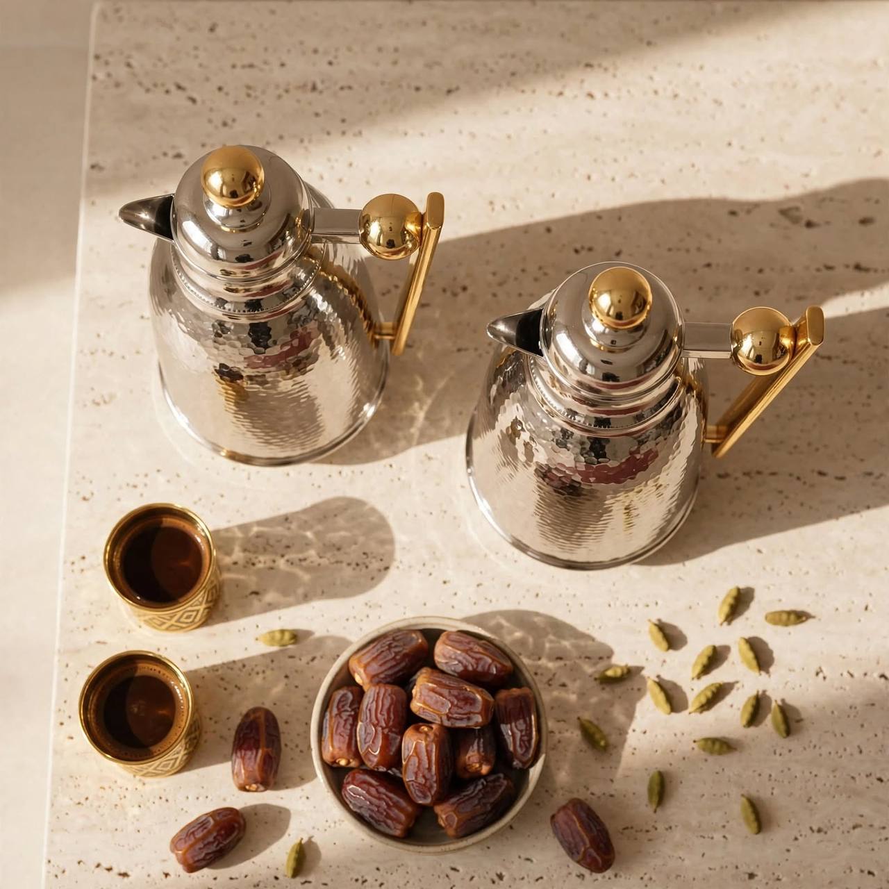Nice Hammered Silver & Gold Vacuum Flask Set – 1L & 0.75L