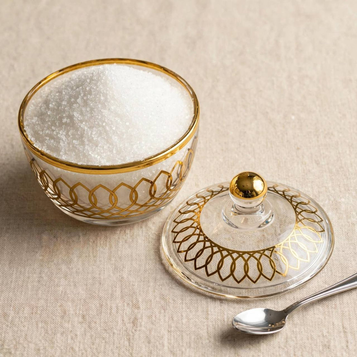 Luxury Gold Patterned Glass Sugar Bowl with Lid – 10x9cm