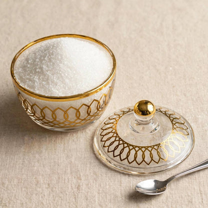 Luxury Gold Patterned Glass Sugar Bowl with Lid – 10x9cm