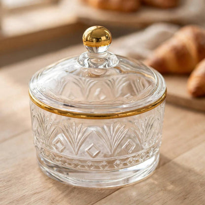 Gold Rim Cut Crystal Glass Sugar Bowl with Lid – 10x9cm