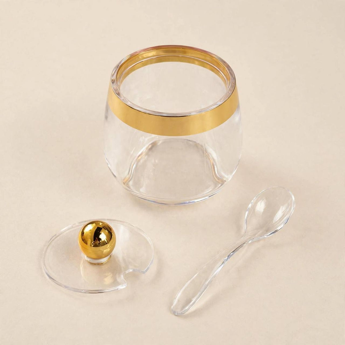 Modern Clear Acrylic Sugar Pot with Wide Gold Rim, Sphere Lid & Spoon – 9x7cm