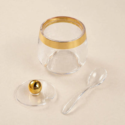 Modern Clear Acrylic Sugar Pot with Wide Gold Rim, Sphere Lid & Spoon – 9x7cm
