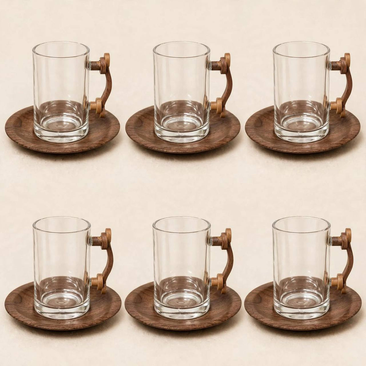 Modern Chrome & Wood Tea & Coffee Hospitality Set – 1.0L & 1.0L Thermal Carafes with 6 Wood-Handled Tea Glasses, Wooden Saucers, Cawa Cups & Mirrored Tray