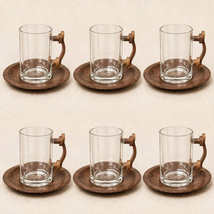 Modern Chrome & Wood Tea & Coffee Hospitality Set – 1.0L & 1.0L Thermal Carafes with 6 Wood-Handled Tea Glasses, Wooden Saucers, Cawa Cups & Mirrored Tray