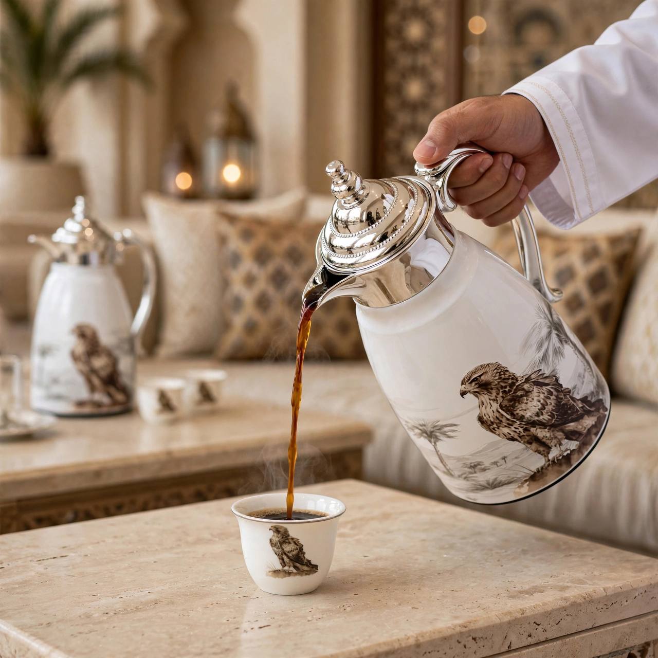 Heritage Falcon Edition 27-Piece Tea & Arabic Coffee Hospitality Set with Chrome Accents & Dual Thermal Carafes