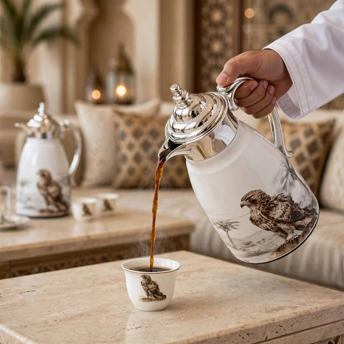 Heritage Falcon Edition 27-Piece Tea & Arabic Coffee Hospitality Set with Chrome Accents & Dual Thermal Carafes
