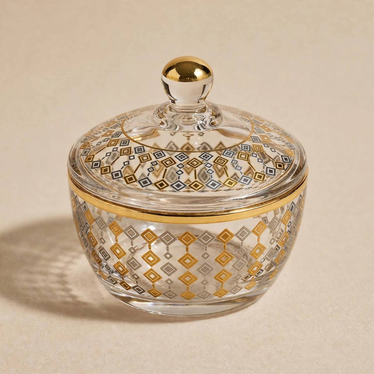 Gold & Silver Geometric Patterned Glass Sugar Bowl with Lid – 10x9cm