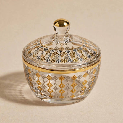 Gold & Silver Geometric Patterned Glass Sugar Bowl with Lid – 10x9cm