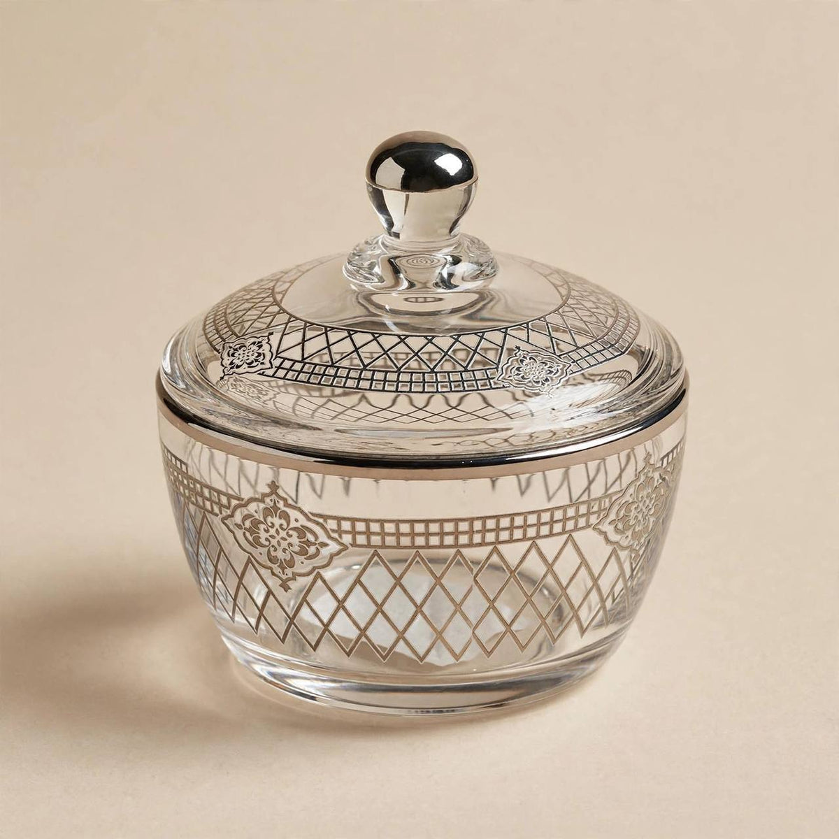 Royal Silver Filigree Patterned Glass Sugar Bowl with Lid – 10x9cm
