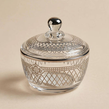 Royal Silver Filigree Patterned Glass Sugar Bowl with Lid – 10x9cm