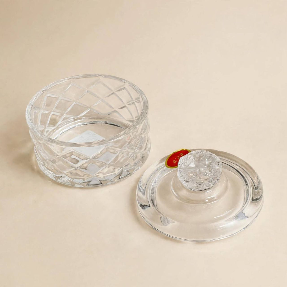 Prismatic Geometric Cut Crystal Glass Sugar Bowl with Lid – 10x8cm