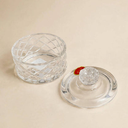 Prismatic Geometric Cut Crystal Glass Sugar Bowl with Lid – 10x8cm