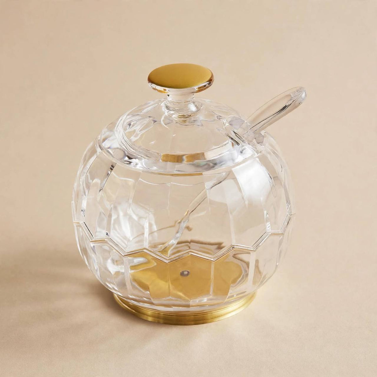 Faceted Crystal-Look Acrylic Globe Sugar Pot with Gold Base & Spoon – 11x8cm
